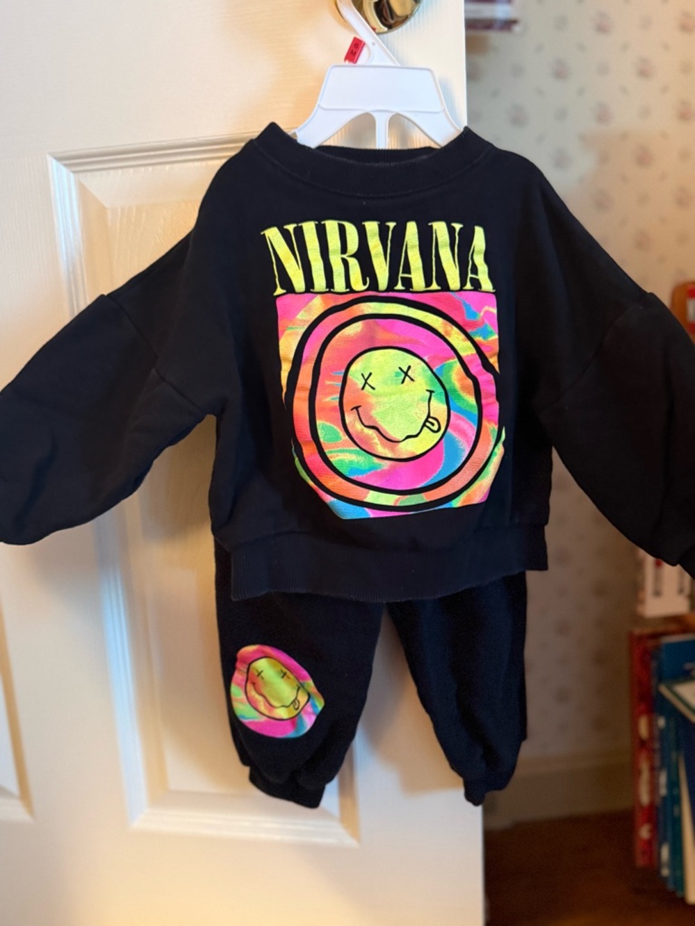 Zara Kids Black Matching Nirvana Sweatshirt & Joggers with Neon Tie-Dye Smiley